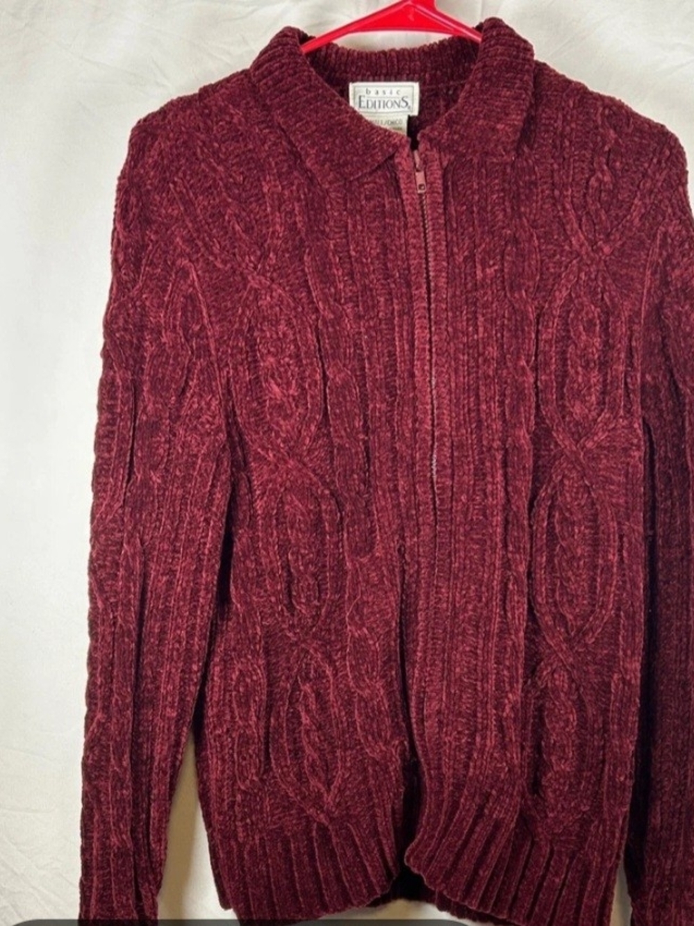 Basic Editions Cable Knit Zip-Up Cardigan - Burgundy